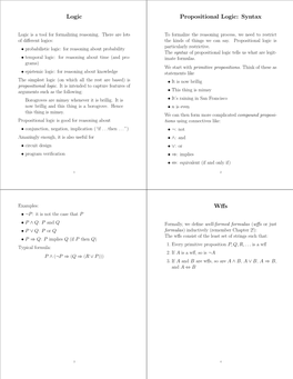 Logic Propositional Logic: Syntax Wffs