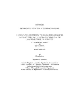 Oirat Tobi Intonational Structure of the Oirat Language a Dissertation Submitted to the Graduate Division of the University of H