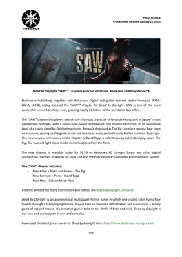 Dead by Daylight “SAW®” Chapter Launches on Steam, Xbox One and Playstation®4