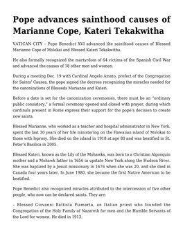 Pope Advances Sainthood Causes of Marianne Cope, Kateri Tekakwitha