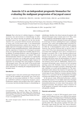 Annexin A2 Is an Independent Prognostic Biomarker for Evaluating the Malignant Progression of Laryngeal Cancer