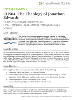 CH504: the Theology of Jonathan Edwards Course Lecturer: John H