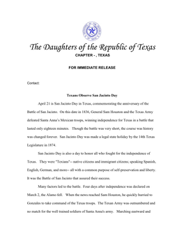 The Daughters of the Republic of Texas CHAPTER - , TEXAS