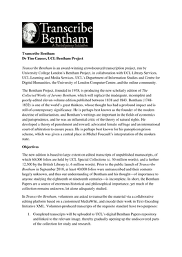 Transcribe Bentham Dr Tim Causer, UCL Bentham Project
