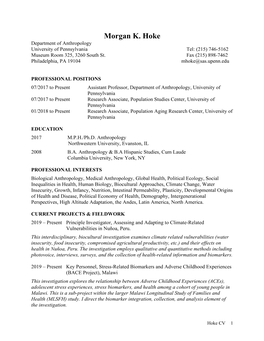 Morgan K. Hoke Department of Anthropology University of Pennsylvania Tel: (215) 746-5162 Museum Room 325, 3260 South St