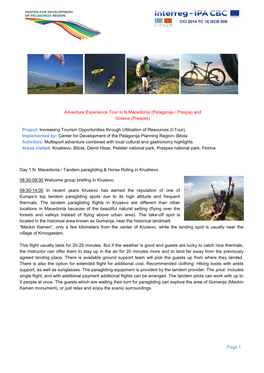 Page 1 Adventure Experience Tour in N.Macedonia (Pelagonija / Prespa) and Greece (Prespes) Project: Increasing Tourism Opportuni
