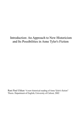 An Approach to New Historicism and Its Possibilities in Anne Tyler's Fiction