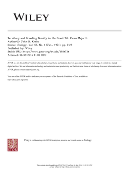 Territory and Breeding Density in the Great Tit, Parus Major L. Author(S): John R