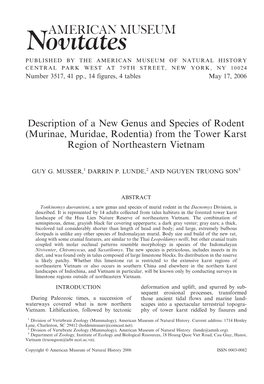 Description of a New Genus and Species of Rodent (Murinae, Muridae, Rodentia) from the Tower Karst Region of Northeastern Vietnam