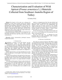 Characterization and Evaluation of Wild Apricot (Prunus Armeniaca L.) Materials Collected from Southeast Anatolia Region of Turkey M