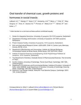 Oral Transfer of Chemical Cues, Growth Proteins and Hormones in Social Insects