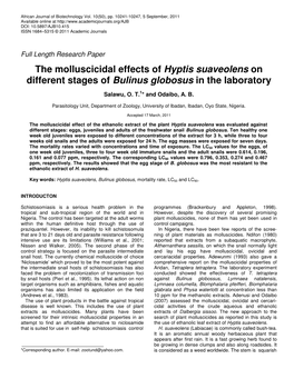 The Molluscicidal Effects of Hyptis Suaveolens on Different Stages of Bulinus Globosus in the Laboratory