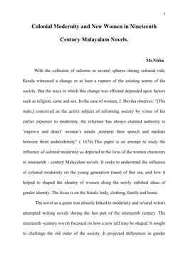 Colonial Modernity and New Women in Nineteenth Century Malayalam
