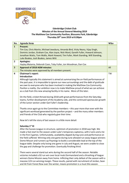 Edenbridge Cricket Club Minutes of the Annual General Meeting 2019 the Matthew Cox Community Pavilion, Blossoms Park, Edenbridge Thursday 20Th June 2019 at 8.00Pm