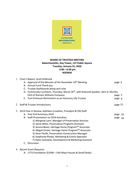 BOARD of TRUSTEES MEETING Bakerhostetler, Key Tower, 127 Public Square Tuesday, January 21, 2020 5:00 – 6:30 Pm AGENDA 1