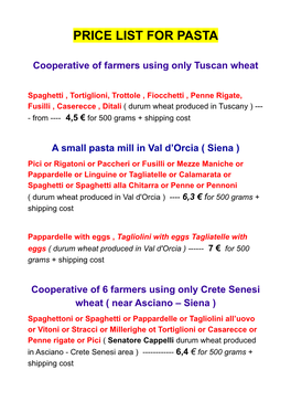 Price List for Pasta