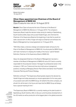 Oliver Zipse Appointed New Chairman of the Board of Management of BMW AG Zipse to Assume New Role on 16 August 2019