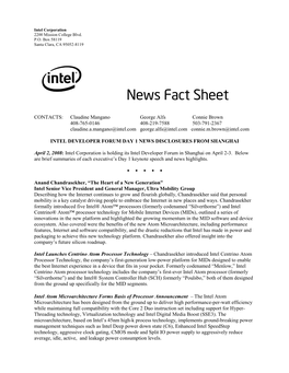 Intel Developer Forum Day 1 News Disclosures from Shanghai