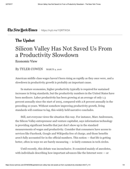 Silicon Valley Has Not Saved Us from a Productivity Slowdown ­ the New York Times