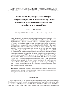 Hemiptera: Heteroptera) of Khuzestan and the Adjacent Provinces of Iran