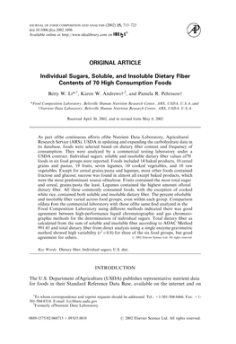 Individual Sugars, Soluble, and Insoluble Dietary Fiber Contents of 70 High Consumption Foods