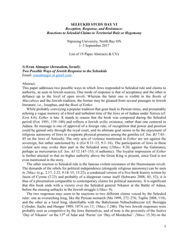 SELEUKID STUDY DAY VI Reception, Response, and Resistance: Reactions to Seleukid Claims to Territorial Rule Or Hegemony