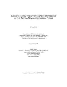 Lichens in Relation to Management Issues in the Sierra Nevada National Parks