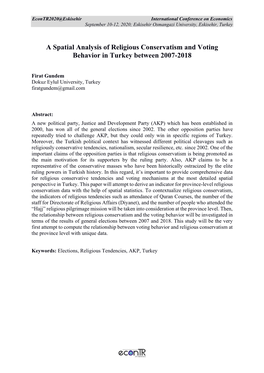 A Spatial Analysis of Religious Conservatism and Voting Behavior in Turkey Between 2007-2018