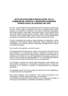 Acta De Elección E Instalación De La Comisión De Justicia Y Derechos Humanos Período Anual De Sesiones 2007-2008
