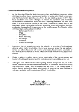 Returning Officer Comments and Proposed Polling Station Changes