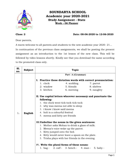 SOUNDARYA SCHOOL Academic Year 2020-2021 Study Assignment - State Week – 06 Planner