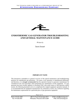 Endothermic Gas Generator Troubleshooting and General Maintenance Guide