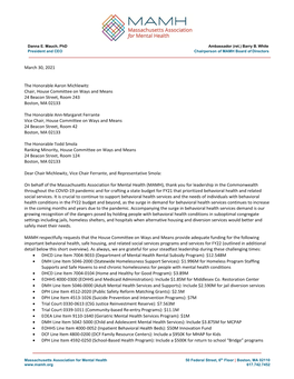 March 30, 2021 the Honorable Aaron Michlewitz Chair, House Committee on Ways and Means 24 Beacon Street, Room 243 Boston, MA