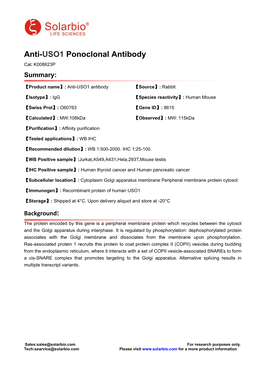 Anti-USO1 Ponoclonal Antibody Cat: K008623P Summary