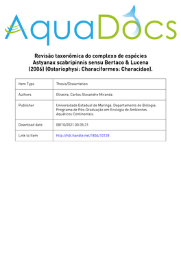 Revisão Taxonômica Do Complexo De Espécies Astyanax Scabripinnis Sensu Bertaco & Lucena (2006) (Ostariophysi: Characiform