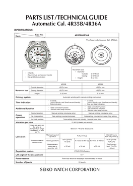 PARTS LIST / TECHNICAL GUIDE Automatic Cal