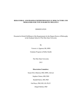 Behavioral and Pharmacoepidemiological Risk Factors and Mediators for Type Ii Diabetes Mellitus