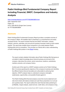 Padini Holdings Bhd Fundamental Company Report Including