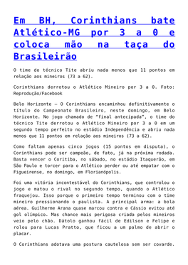 Em BH, Corinthians Bate Atlético-MG Por 3 a 0 E Coloca Mão Na Taça Do Brasileirão