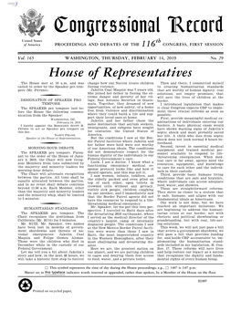 Congressional Record United States Th of America PROCEEDINGS and DEBATES of the 116 CONGRESS, FIRST SESSION