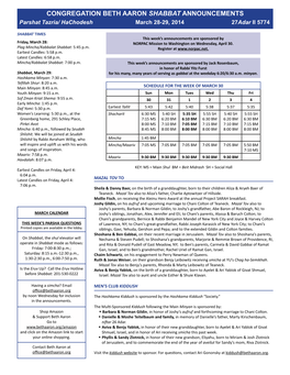 CONGREGATION BETH AARON SHABBAT ANNOUNCEMENTS Parshat Tazria/ Hachodesh March 28-29, 2014 27Adar II 5774