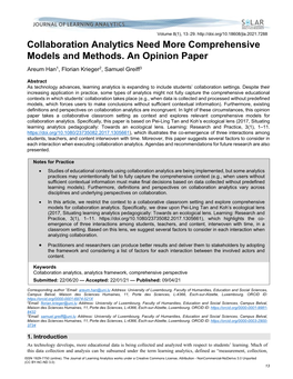 Collaboration Analytics Need More Comprehensive Models and Methods. an Opinion Paper Areum Han1, Florian Krieger2, Samuel Greiff3