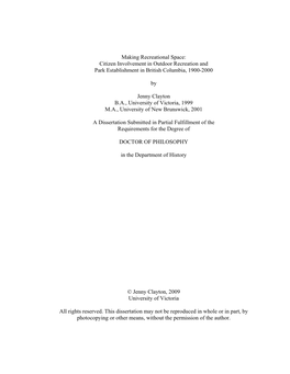 Making Recreational Space: Citizen Involvement in Outdoor Recreation and Park Establishment in British Columbia, 1900-2000