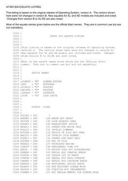 ATARI 800 EQUATE LISTING This Listing Is Based On