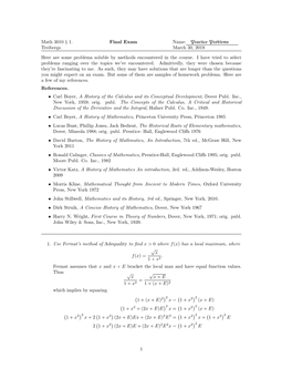 Math 3010 § 1. Treibergs Final Exam Name: Practice Problems March 30