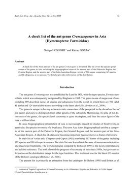 A Check List of the Ant Genus Crematogaster in Asia (Hymenoptera: Formicidae)