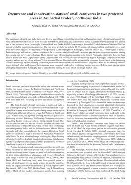 Occurrence and Conservation Status of Small Carnivores in Two Protected Areas in Arunachal Pradesh, North-East India