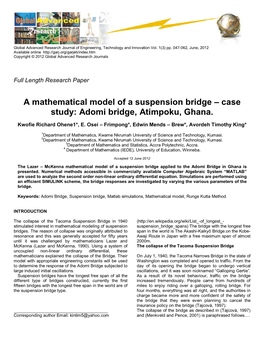 A Mathematical Model of a Suspension Bridge – Case Study: Adomi Bridge, Atimpoku, Ghana