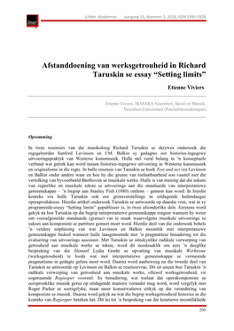 Afstanddoening Van Werksgetrouheid in Richard Taruskin Se Essay “Setting Limits”