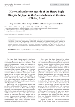 Historical and Recent Records of the Harpy Eagle (Harpia Harpyja) in the Cerrado Biome of the State of Goiás, Brazil